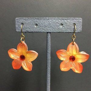 Dangle Pierced Earrings Iridescent Orange Flower Red Rhinestone Gold Retro BoHo